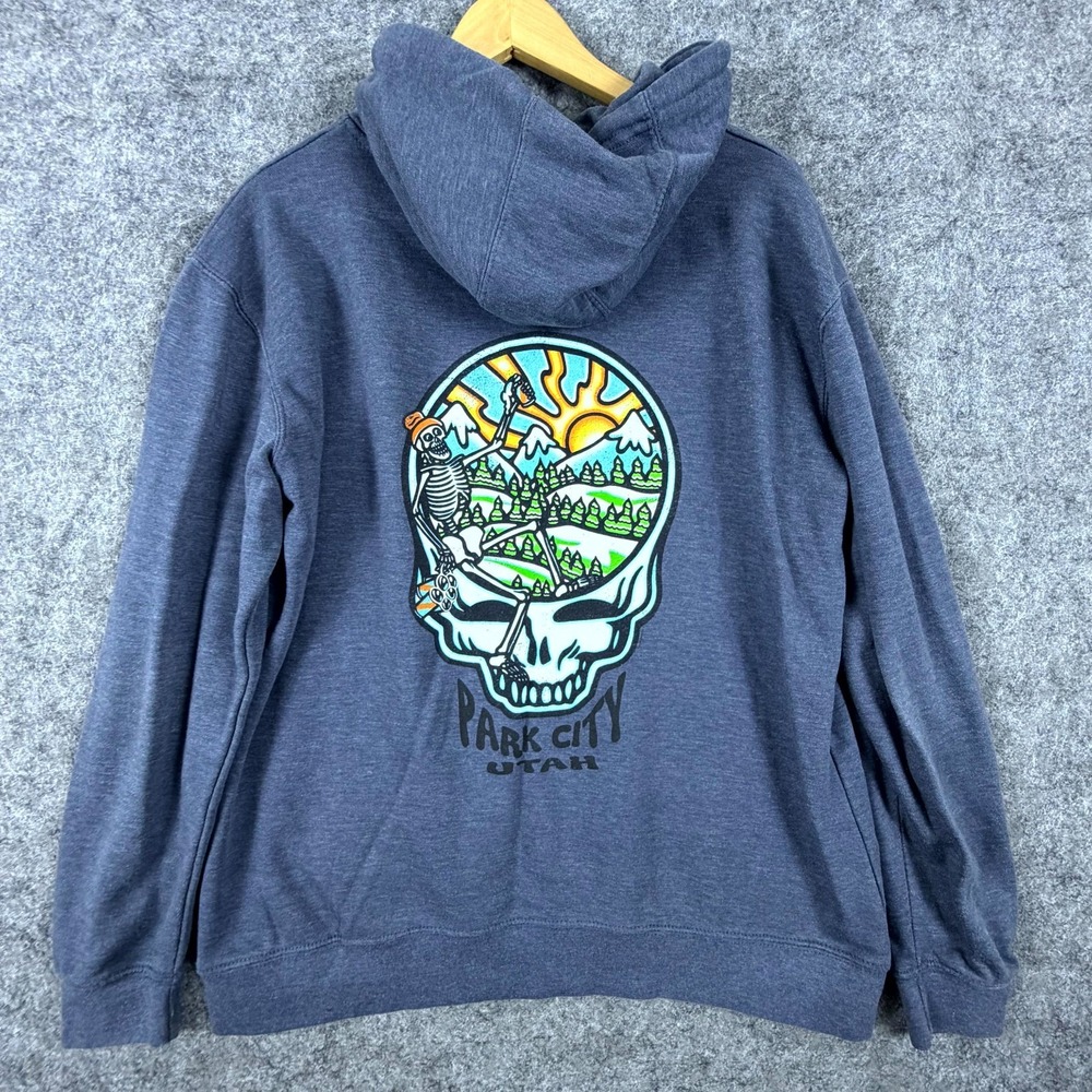 Duck Co Park City Utah Hoodie Men XL Blue Skull Sun Mountains Skeleton Trees